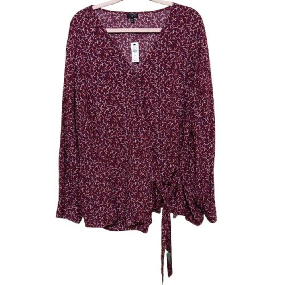 NWT Talbots Floral Wrap Tie Top Womens Size 3X Red V Neck Long Sleeve Flowy Boho